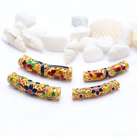 Antikgold Cloisonné Lotus Gebogene Röhrenperlen Blumenmuster DIY Schmuckzubehör Für Armband Halskette Damen Bastelzubehör