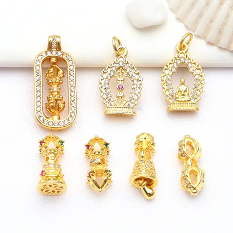 Ancient Gold Plated Copper Buddhist Vajra Buddha Charms Double Sided Carved Rhinestone Inlaid Jewelry Making Accessories For DIY Bracelets Necklaces Pendants