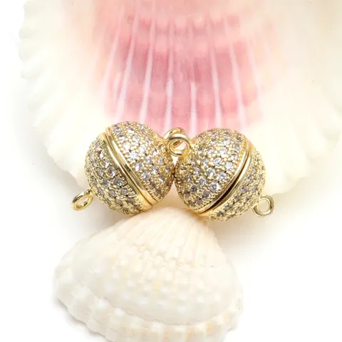 18k Gold Plated Copper Ball Magnetic Clasp Micro Pave Rhinestone DIY Jewelry Connector For Necklace Bracelet Accessory