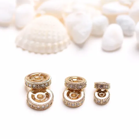 14K Gold Plated Copper Micro Pave Zirconia Big Hole Spacer Beads For DIY Bracelet Necklace Jewelry Making Finding Accessory