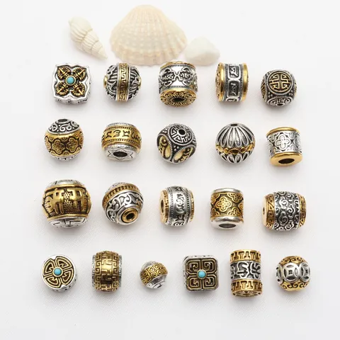 Tibetan Style Alloy Barrel Beads Antique Gold Silver Splicing Spacer Beads Cloud Pattern Buddhist Mantra DIY Jewelry Accessories
