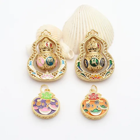 Rotatable Gourd Pendant Six Character Mantra Sand Gold Copper Enamel Lucky Bag Charm DIY Necklace Jewelry Making Accessory