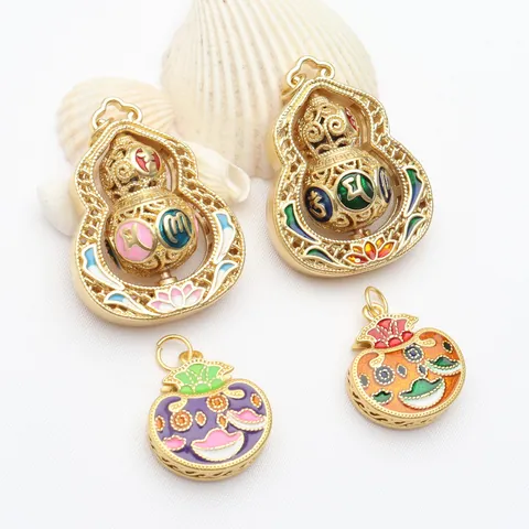 Rotatable Gourd Pendant Six Character Mantra Sand Gold Copper Enamel Lucky Bag Charm DIY Necklace Jewelry Making Accessory