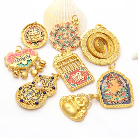 Sand Gold Enamel Cloisonne Pendant National Tide Safety Lock Rhinestone Artificial Pearl Buddha Charm For DIY Jewelry Making