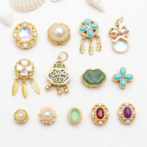 Perles d'Espacement en Cuivre Or Antique Style Chinois Danse du Lion Breloques Ruyi Accessoires de Création de Bijoux DIY Avec Perle Artificielle Strass