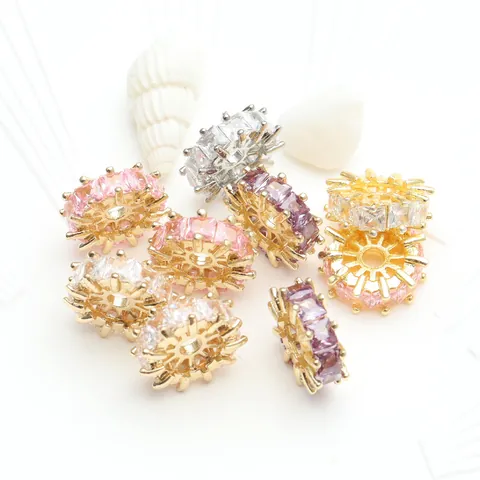 14K Gold Plated Zirconia Wheel Shape Large Hole Spacer Beads DIY Handmade Jewelry Materials For Bracelet Necklace Decorations