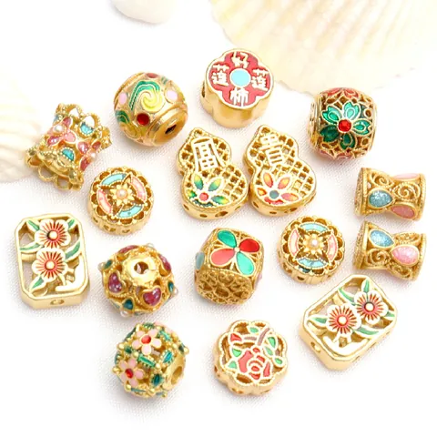 Chinesischer Stil Cloisonne Emaille Hohl Trommel Zwischenperlen Vergoldetes Kupfer Für DIY Armband Schmuckherstellung Floral