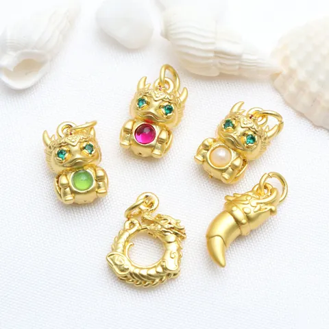 Ancient Gold Plated Copper Dragon Zodiac Pendants With Rhinestone Artificial Pearl For DIY Jewelry Making Charms Accessories