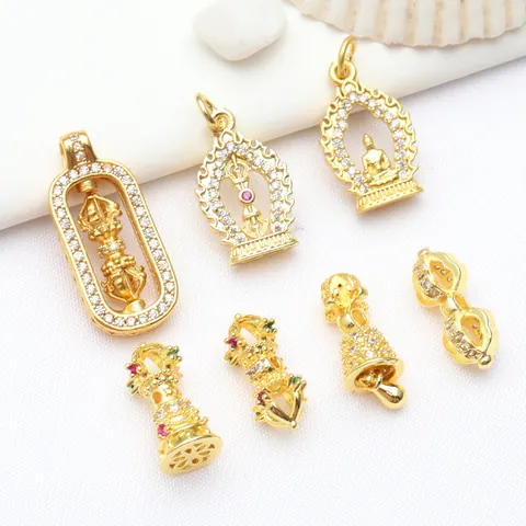 Ancient Gold Plated Copper Buddhist Vajra Buddha Charms Double Sided Carved Rhinestone Inlaid Jewelry Making Accessories For DIY Bracelets Necklaces Pendants