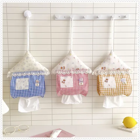 Cute House Shaped Hanging Tissue Box Cover Lace Trim Gingham Fabric Wall Mounted Storage Bag For Home Living Room Car Bedroom