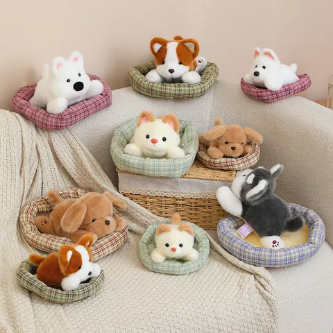Realistic Puppy Plush Toy With Detachable Plaid Nest Dog Stuffed Animal For Home Car Decor Golden Retriever Corgi Husky Schnauzer Gift
