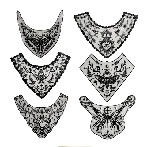 Gothic Schwarz Stickerei Spitze Falscher Kragen Für Damen DIY Nähen Zubehör Medusa Motte Heiliges Herz Muster Bestickt Netz Applikation