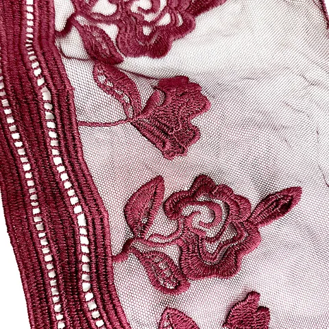 Elegant Floral Embroidery Mesh Lace Trim Milk Silk Burgundy Rose Pattern DIY Sewing Craft Garment Accessories Vintage Style