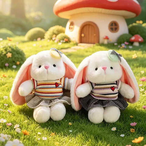 Cute Long Ear Rabbit Plush Toy Soft Dressed Bunny Stuffed Animal With Striped Shirt Heart Embroidery Plaid Skirt For Kids Gift