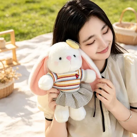 Cute Long Ear Rabbit Plush Toy Soft Dressed Bunny Stuffed Animal With Striped Shirt Heart Embroidery Plaid Skirt For Kids Gift