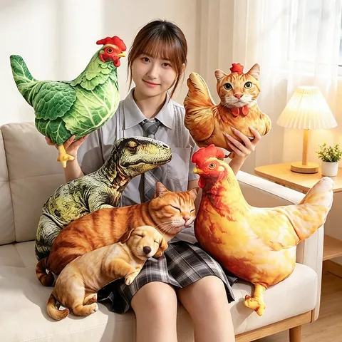 Realistic Simulation Animal Plush Pillow Soft Hen Cabbage Chicken Dinosaur Cat Dog Stuffed Toy Home Decor Sofa Cushion Creative Gift