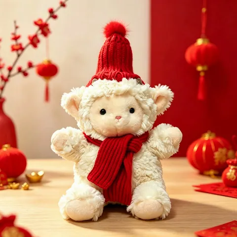 Lindo Peluche de Cordero Blanco Con Gorro y Bufanda de Punto Rojos Muñeco de Oveja Suave Regalo Cumpleaños Navidad