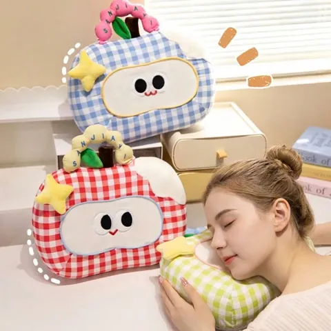 Almohada de Siesta en Forma de Manzana a Cuadros Tejido Refrescante Espuma Viscoelástica Oficina Estudiante Portátil Cojín de Escritorio Lavable Removible