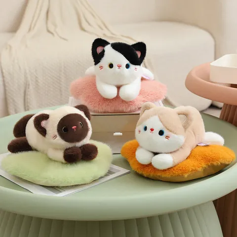 Cute Lying Cat Plush Toy Realistic Calico Tuxedo Siamese Stuffed Animal Soft Kitten Doll With Colorful Cushion Birthday Gift For Girls Kids