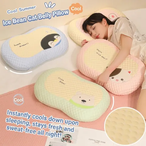 Summer Cooling Ice Bean Texture Memory Foam Neck Pillow Cartoon Animal Ergonomic Cat Belly Pillow For Office Nap Home Bedding