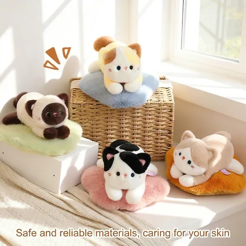 Cute Lying Cat Plush Toy Realistic Calico Tuxedo Siamese Stuffed Animal Soft Kitten Doll With Colorful Cushion Birthday Gift For Girls Kids