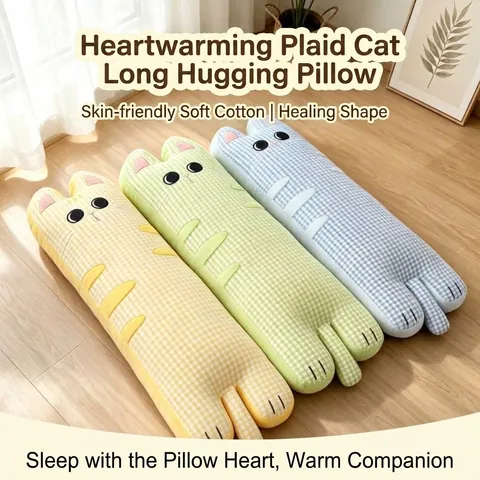 Mignon Chat Long Oreiller de Corps Seersucker Carreaux Gingham Doux Peluche Traversin pour Dormir Soutien Jambe Déco Maison Cadeau