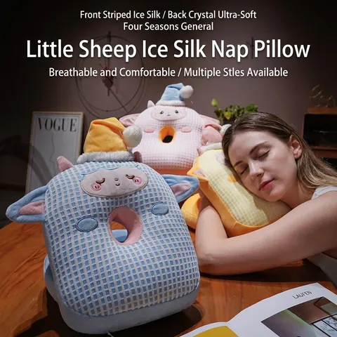 Almohada de Siesta de Seda de Hielo de Cordero Animado Refrescante Transpirable Hueca para Oficina Escritorio Niños Adultos Suave Cómoda Cojín Viaje