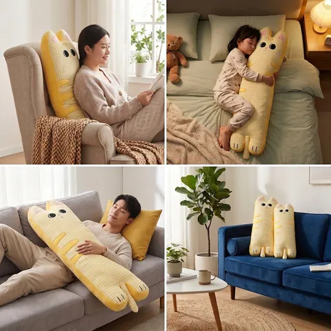 Mignon Chat Long Oreiller de Corps Seersucker Carreaux Gingham Doux Peluche Traversin pour Dormir Soutien Jambe Déco Maison Cadeau