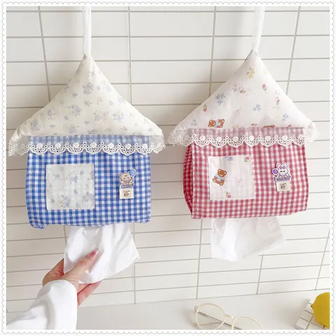 Cute House Shaped Hanging Tissue Box Cover Lace Trim Gingham Fabric Wall Mounted Storage Bag For Home Living Room Car Bedroom