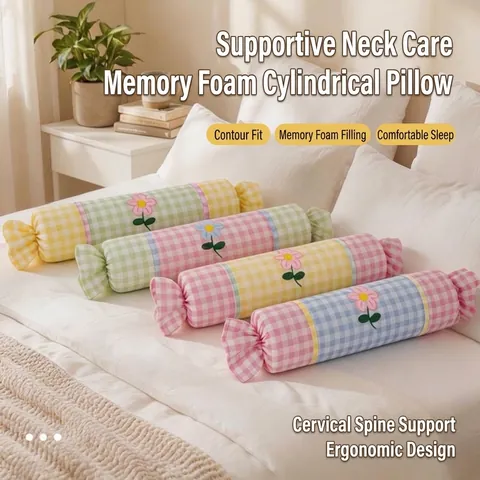 Almohada Cervical Cilíndrica Con Forma de Caramelo Con Relleno de Espuma Viscoelástica Patrón de Rejilla de Burbujas Bordado de Flores Decorativo Para Hogar