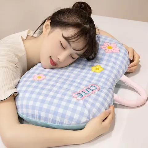Almohada Viscoelástica a Cuadros Gingham Almohada de Siesta Portátil Con Mango Bordado Floral Lindo Respaldo para Oficina