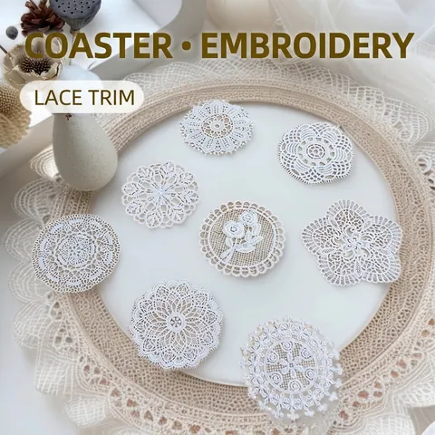 White Vintage Water Soluble Lace Coaster DIY Embroidery Patch Round Hollow Floral Decorative Lace Applique For Clothes Table Decor