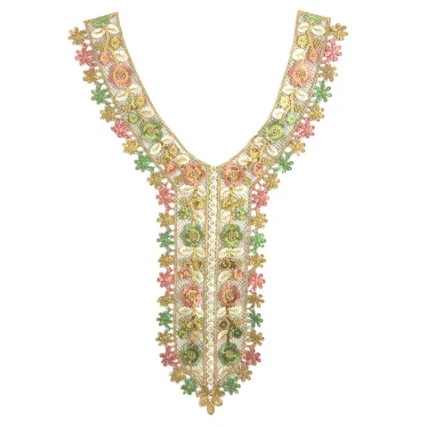 Ethnic Gold Thread Embroidered Sequin Lace Fake Collar Polyester Hollow Floral Applique For Dress DIY Garment Decoration Sewing Accessories