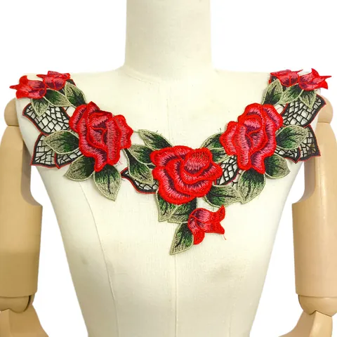 Zwaar Geborduurde Bloem Kant Valse Kraag Polyester Wateroplosbaar Roos Motief Applicatie DIY Kleding Accessoire Vrouwen