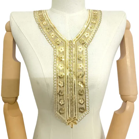 Gold Pailletten Stickerei Spitze Falscher Kragen Hohl Blumig Ethno Brust Patch Polyester Bekleidungszubehör Nähen Applikation Damen Kleid