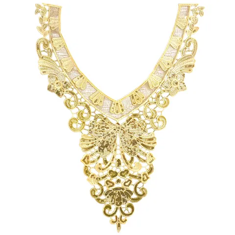 Gold Pailletten Bestickter Spitze Falscher Kragen Polyester Hohl Ausgeschnitten Ethno Mittlerer Osten Blumen Aufnäher Bekleidung Zubehör
