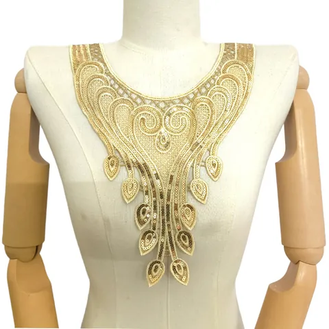 Gold Sequin Embroidered Lace False Collar Ethnic Style Polyester Floral Neckline Trim Patch DIY Garment Accessory