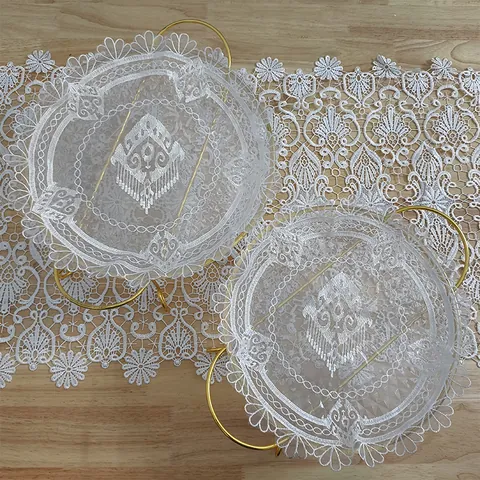 Ronde Witte Kant Geborduurde Tafelmat Organza Placemat Met Etnisch Totem Patroon Decoratieve Eettafel Mat Voor Huis Keuken Bruiloft Feest