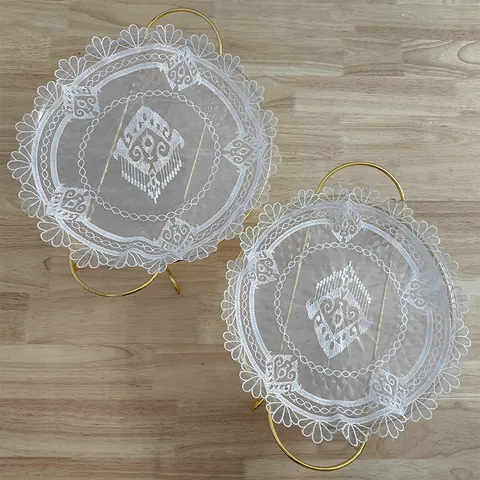 Ronde Witte Kant Geborduurde Tafelmat Organza Placemat Met Etnisch Totem Patroon Decoratieve Eettafel Mat Voor Huis Keuken Bruiloft Feest
