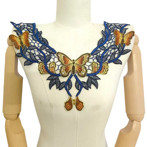 Faux Col en Dentelle Broderie Hydrosoluble Papillon Style Ethnique Patch de Col Floral en Polyester Décor de Vêtement