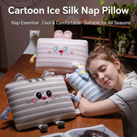 Almohada de Siesta Rayada de Seda de Hielo Animal de Dibujos Animados Soporte Lumbar de Espuma Viscoelástica para Oficina