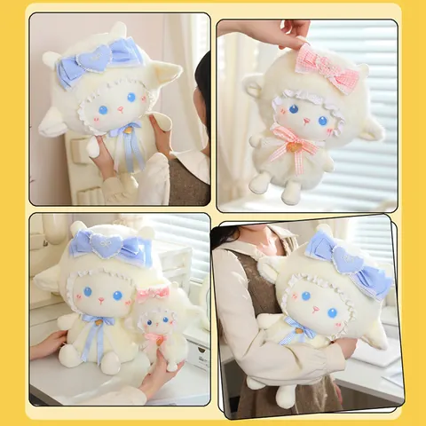 Cute Angel Lamb Plush Toy White Sheep Stuffed Animal With Checkered Bowknot Lace Scented Soothing Doll Gift For Kids Girls