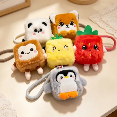 Cute Square Fruit Animal Plush Keychain Squishy Pineapple Panda Strawberry Soft Stuffed Doll Schoolbag Pendant Keyring Gift