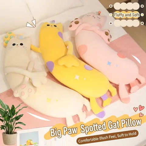 Mignon Chat de Dessin Animé Long Traversin Peluche Douce Coussin de Support de Jambe Housse Amovible Lavable pour Chambre Lit