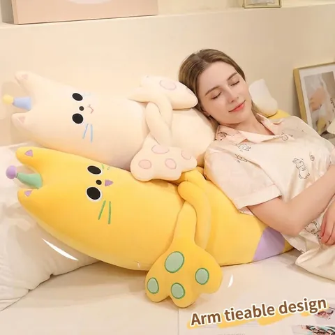 Mignon Chat de Dessin Animé Long Traversin Peluche Douce Coussin de Support de Jambe Housse Amovible Lavable pour Chambre Lit