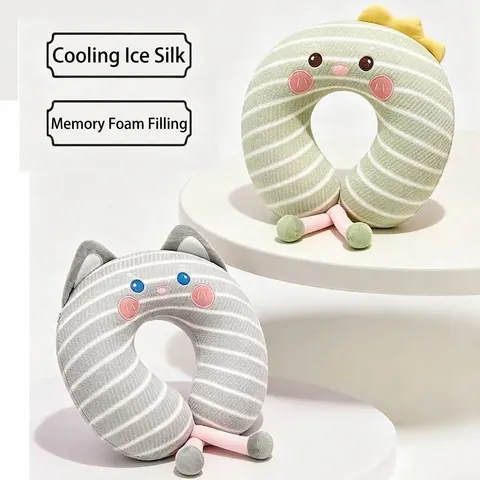 Almohada de Cuello en Forma de U de Seda de Hielo Espuma de Memoria Dibujos Animados Animal Rayado Soporte de Cuello Para Vuelo Oficina Hogar