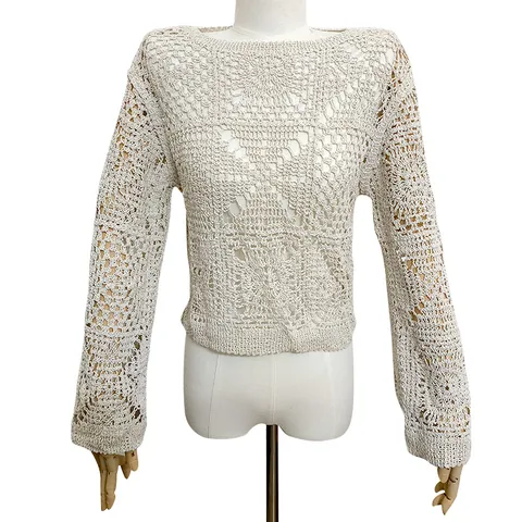 Women Lazy Korean Style Hollow Crochet Cotton Blouse Embroidered Round Neck Loose Knit Top Casual Breathable Thin Smock