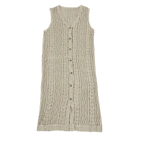 Abito in Maglia Senza Maniche con Traforo da Donna Cardigan Midi all'Uncinetto a Righe Retro Monopetto Albicocca