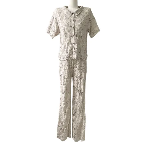 Women Elegant Lace Crochet Floral Embroidered Top And Bottom Set Lapel Short Sleeve Cardigan Blouse Skirt Flared Pants Co-ords