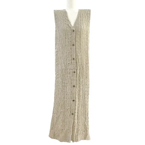 Abito in Maglia Senza Maniche con Traforo da Donna Cardigan Midi all'Uncinetto a Righe Retro Monopetto Albicocca